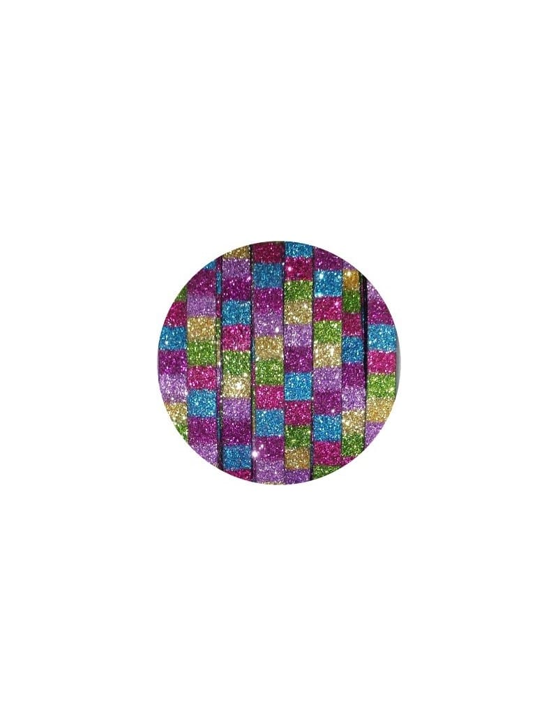 Cordon de cuir plat paillettes 6mm disco carrés multicolore foncé-vente au cm
