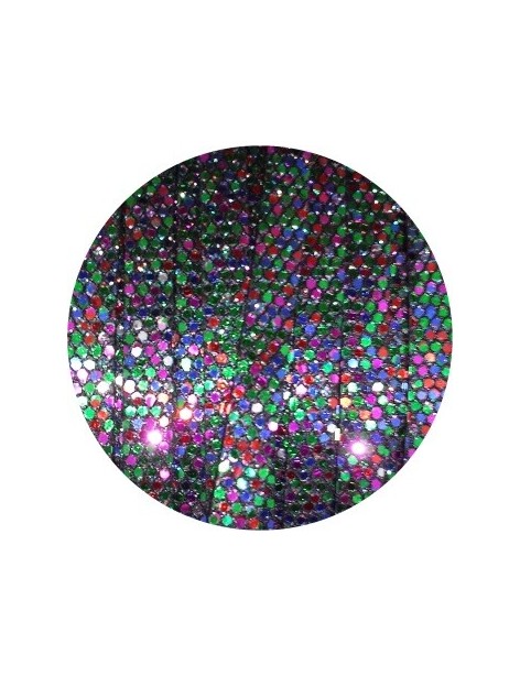 Cordon de cuir plat paillettes 6mm disco multicolore vendu au mètre