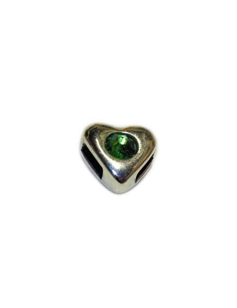 Passant coeur strass swarovski cristal vert pour lacet plat de 5mm