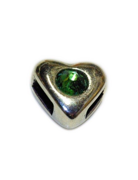 Passant coeur strass swarovski cristal vert pour lacet plat de 5mm