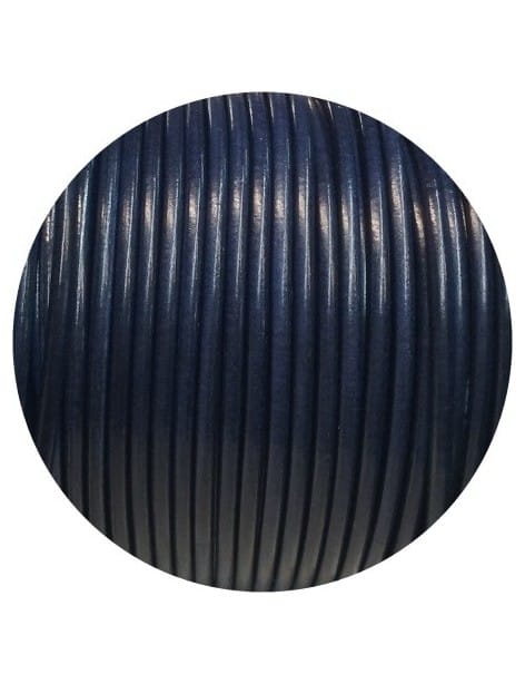 Cordon de cuir rond de 3mm bleu marine- foncé brillant-Espagne-Premium