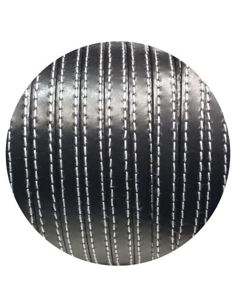 Cordon de cuir plat 10mm noir coutures vendu au mètre-Premium