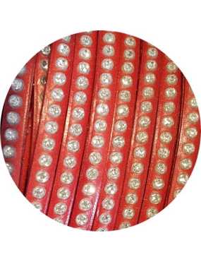 Cordon de cuir plat 6mm rouge strass vendu au metre