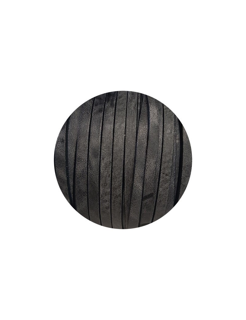 Cordon de cuir plat vintage marbré 5mm noir-vente au cm