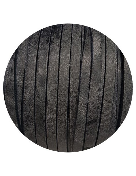 Cordon de cuir plat vintage marbré 5mm noir-vente au cm