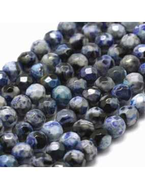 Fil de 90 perles rondes de 4mm à facettes en agate bleue et blanche