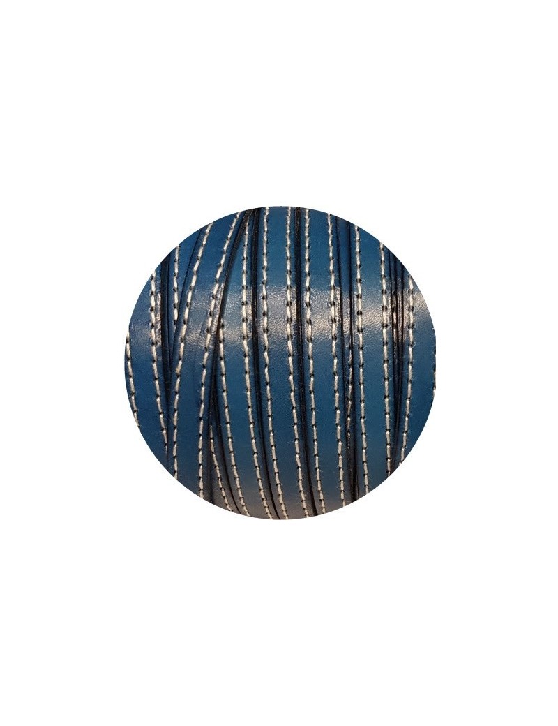 Cordon de cuir plat 10mm bleu atoll coutures blanches vendu au mètre-Premium