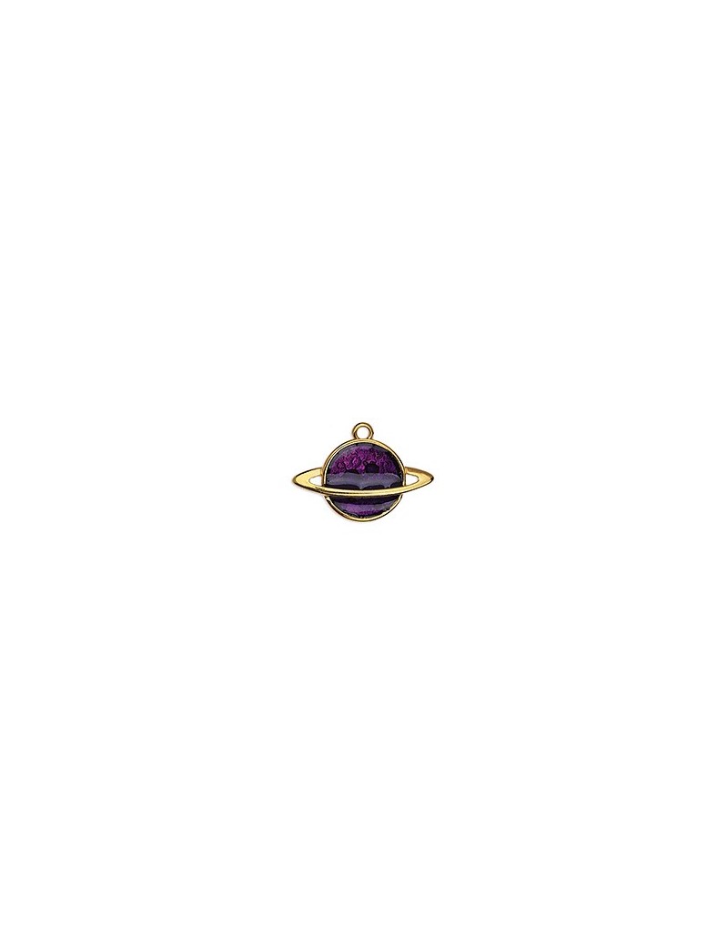 Pampille Saturne émaillée violet de 22mm en métal couleur or