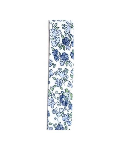 Biais fantaisie 20mm blanc avec des fleurs bleues vendu au mètre