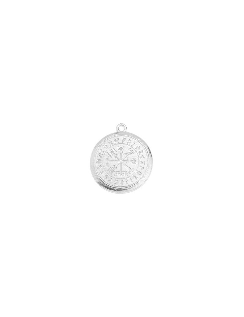 Boussole viking de  33mm en métal plaqué argent 10microns blanc brillant