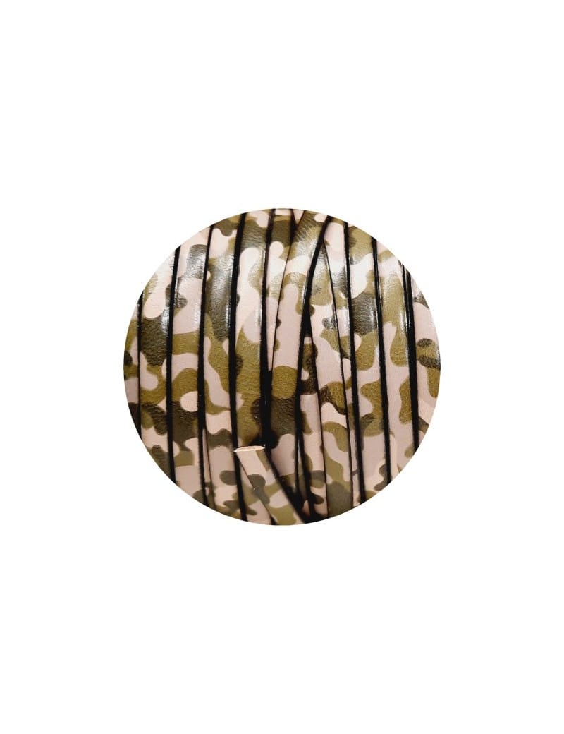 Cuir plat 5mm fantaisie imprimé camouflage kaki blanc cassé en vente au cm