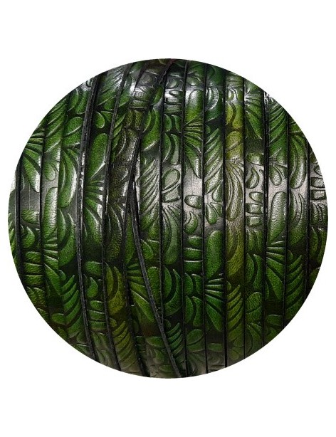 Cuir plat de 5mm fantaisie avec relief floral vert olive foncé, en vente au cm