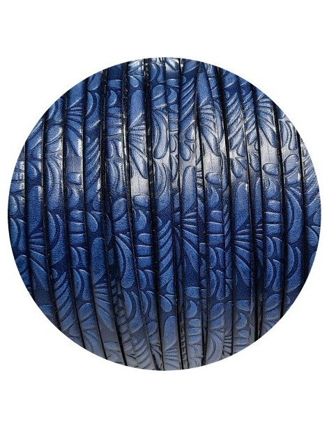 Cuir plat de 5mm fantaisie avec relief floral bleu jeans, en vente au cm