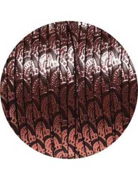 Cuir plat 3mm imprimé dentelle or rose sur fond marron foncé en vente au cm